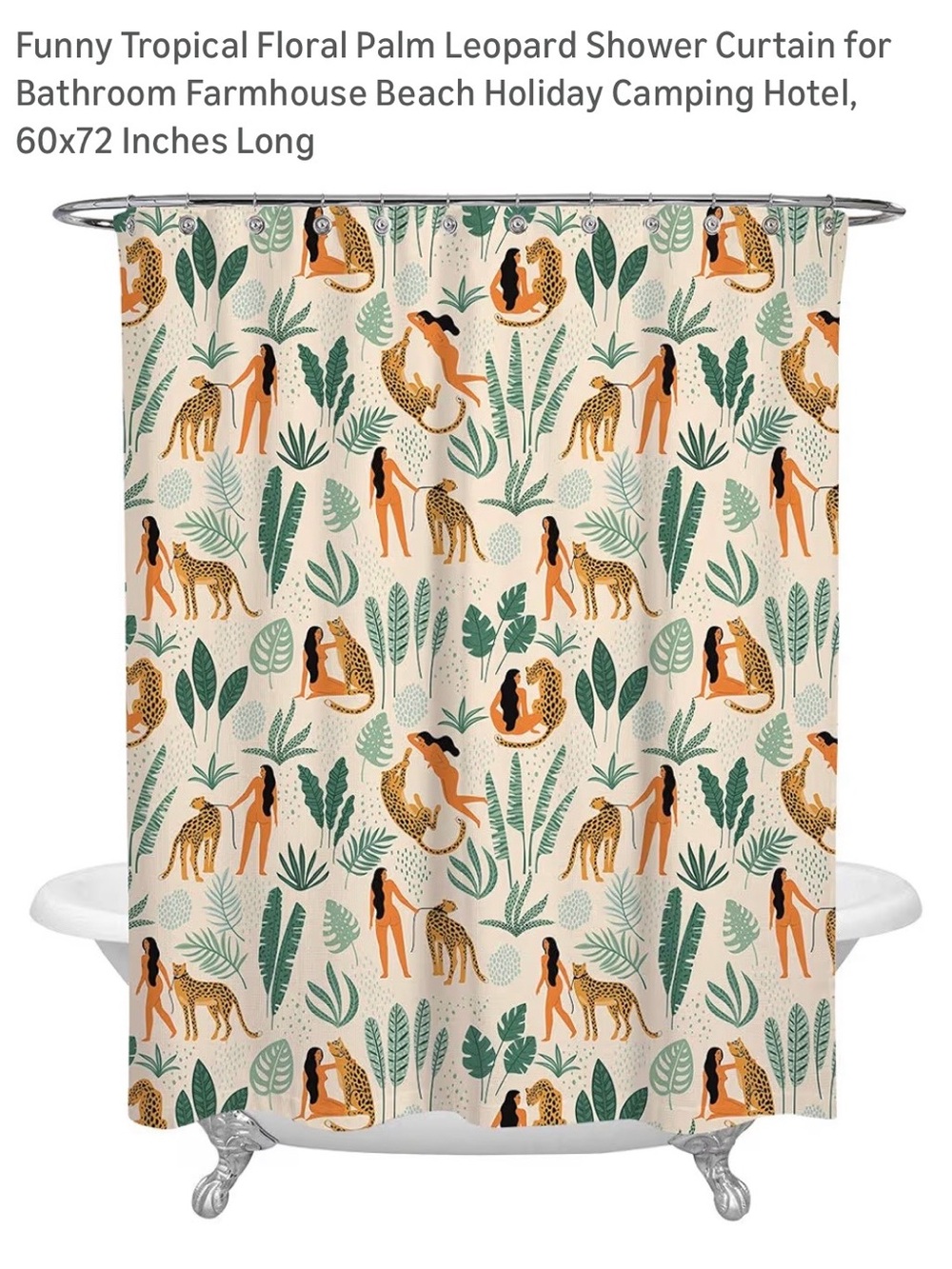 Cute Tropical Leopard & Lady Shower Curtain - Cream & Green 60x72 inches long